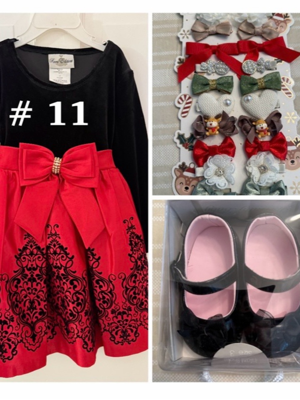 Size 4T Girls Bun-Girls Black & Red Bow Holiday Dress with Matching Black Shoes